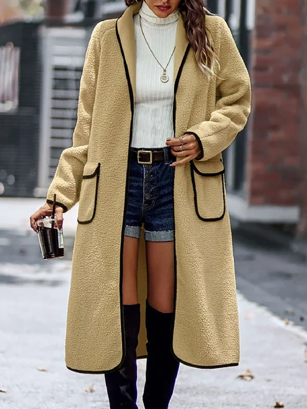 Closeout Full Size Contrast Trim Long Sleeve Coat with Pockets