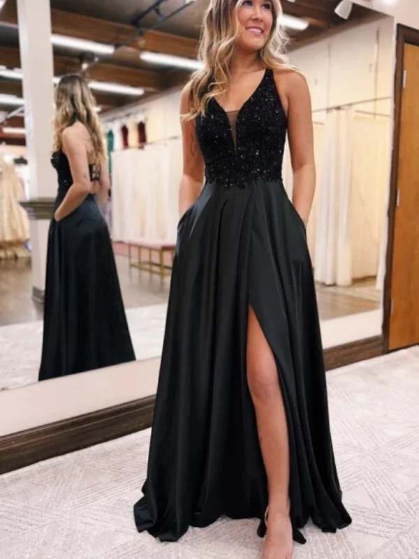 Shop and Save playful dressplayful dressA Line V Neck Open Back Black Sequin Long Prom Dresses with High Slit, V Neck Black Formal Graduation Evening Dresses SP2797