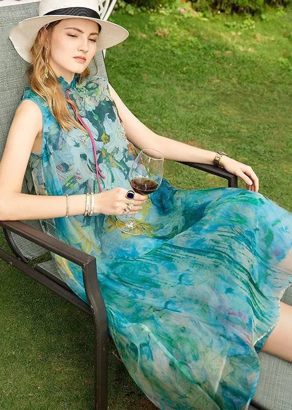 Don't Wait chic slip dresschic slip dressBoutique Baby Blue Stand Collar Tasseled Print Silk Dresses Sleeveless