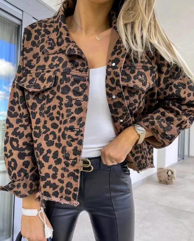 One-DAY Sale Raw Hem Leopard Collared Neck Denim Jacket