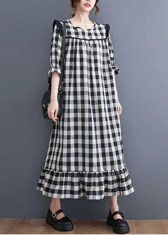 Savings Galore pleated dresspleated dressWomen Grey Plaid Ruffled Patchwork Ruffles Cotton Dresses Summer