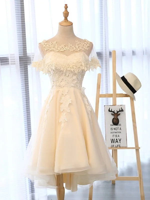 Can't Miss structured dressstructured dressHigh Low Short Light Champagne Lace Prom Dresses, High Low Light Champagne Lace Homecoming Dresses, Champagne Lace Formal Evening Dresses