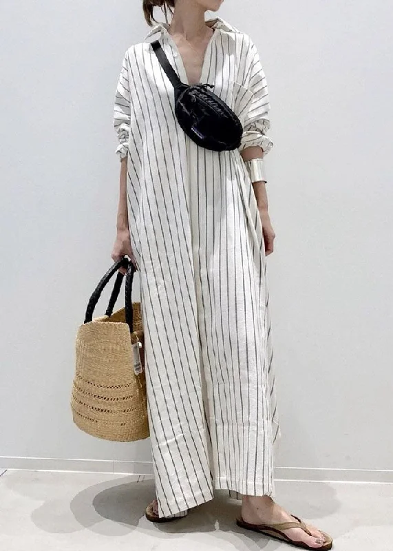 Get It Before It’s Gone oversized dressoversized dressHandmade White Peter Pan Collar Striped Cotton Long Shirts Dresses Spring