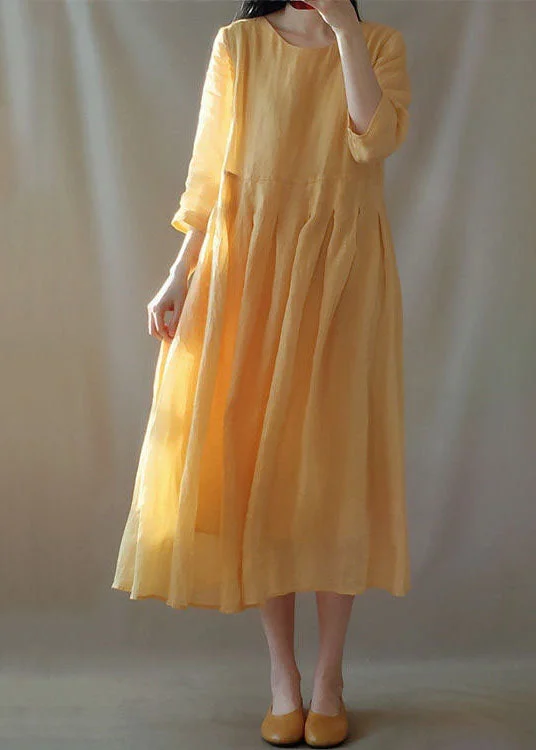 Bargain Prices casual dresscasual dressNatural Yellow O Neck Wrinkled Patchwork Cotton Dress Bracelet Sleeve
