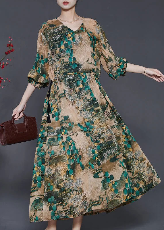 long-sleeve floral dressPlus Size Green Cinched Print Chiffon Long Dress Fall