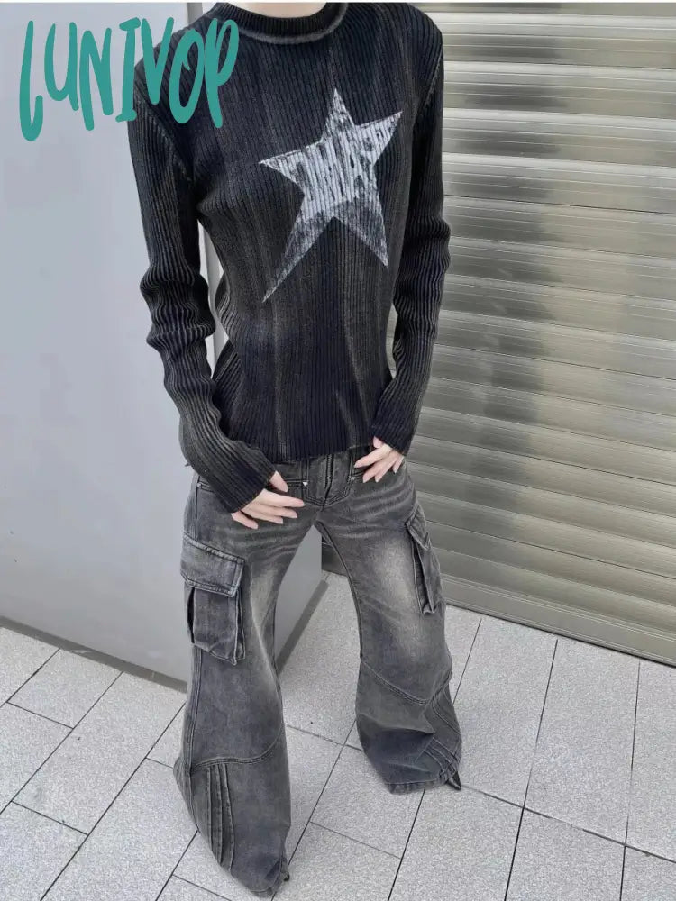 Exclusive Savings Lunivop Y2k Vintage Star Crop Sweater Women American Retro Grunge Knitwears Black Knit Pullover Trashy 2000s Graphic Top Female