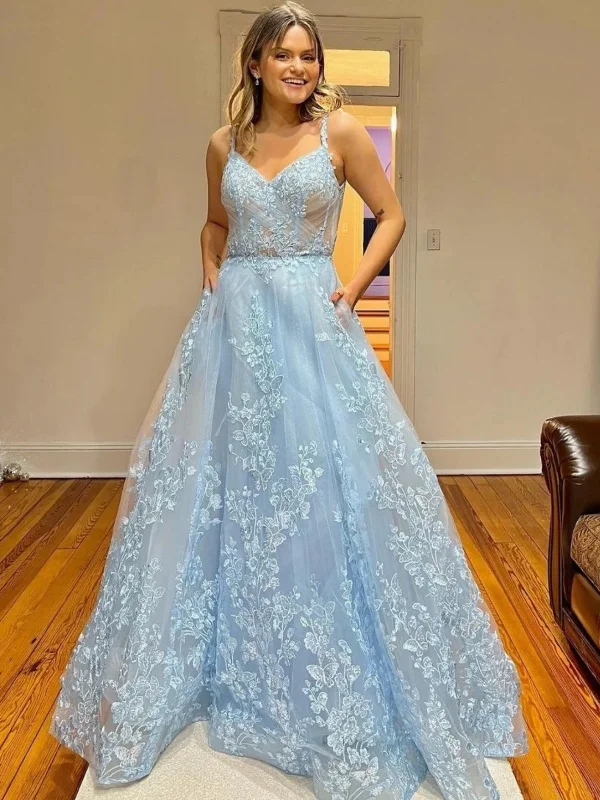 Blowout Deals bohemian dressbohemian dressA Line V Neck Light Blue Lace Long Prom Dresses, Light Blue Floral Formal Graduation Evening Dresses SP2633