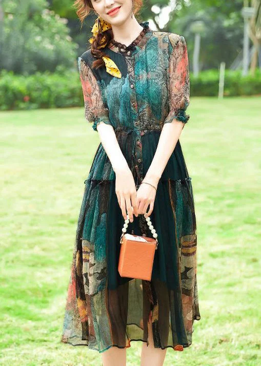 Price Blitz playful dressplayful dressWomen Green Ruffled Print Silk Cinched Dresses Summer