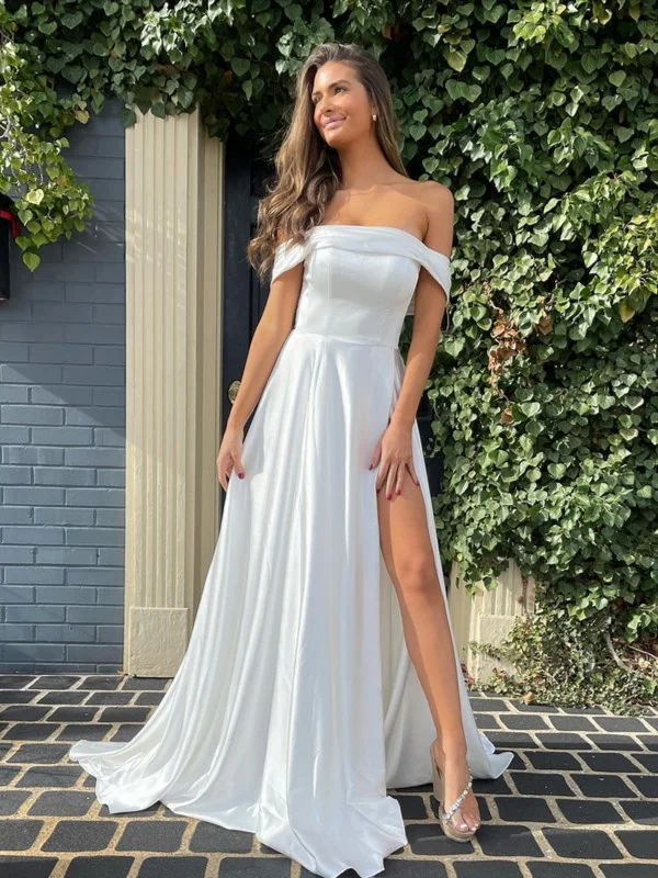 Holiday Sale trendy bodycon dresstrendy bodycon dressSimple Off Shoulder White Satin Long Prom Dresses with High Slit, Off the Shoulder White Formal Graduation Evening Dresses SP2599