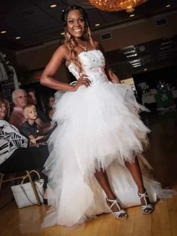 Super Deal winter dresswinter dressStrapless High Low White Lace Long Prom Dresses, White Lace Formal Dresses, White Evening Dresses SP3080