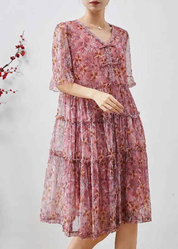 long sleeve dressPink Print Chiffon Long Dresses Chinese Button Summer