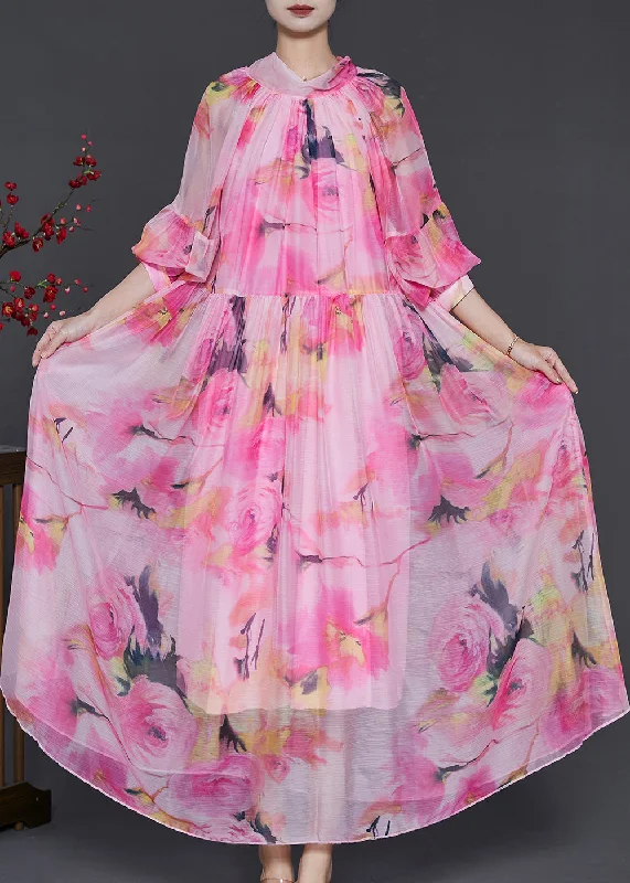 pleated dressUnique Pink Turtle Neck Print Chiffon Dress Lantern Sleeve