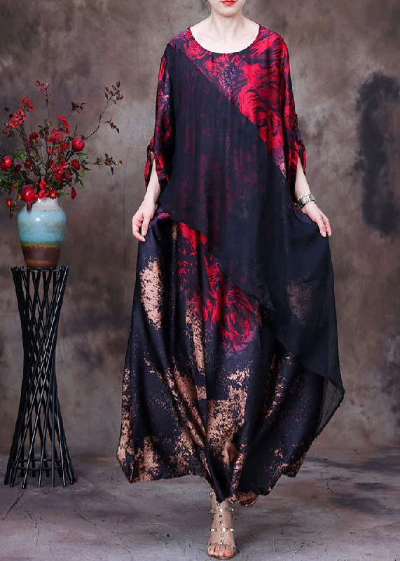 romantic dressBoutique Red O-Neck Asymmetrical Design Patchwork Silk Long Dress Long Sleeve