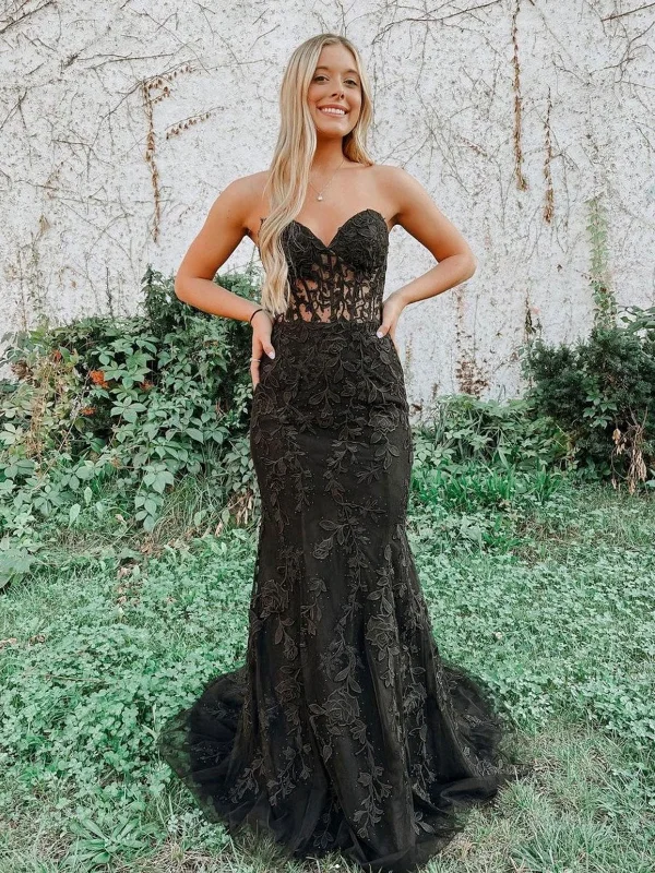 Factory Direct Sale summer dresssummer dressMermaid Black Lace Long Prom Dresses, Strapless Black Lace Formal Dresses, Black Tulle Evening Dresses SP2221
