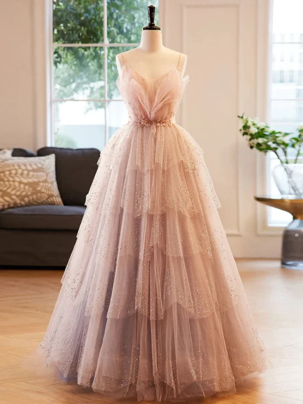 Value Deals draped dressdraped dressGorgeous V Neck Beaded Layered Champagne Tulle Long Prom Dresses, Champagne Formal Evening Dresses, Ball Gown SP2568
