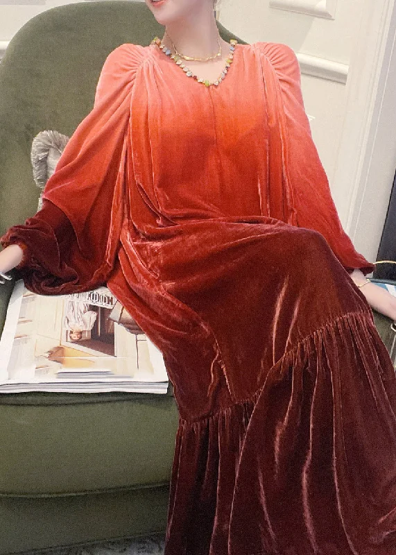Act Now elegant shift dresselegant shift dressStylish Red V Neck Gradient Color Wrinkled Velour Long Dress Lantern Sleeve