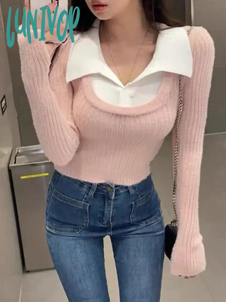 Discount Days Lunivop Fashion Fake Two Pieces Turn Down Collar Women's Crop Top Slim Sweet Y2k Bottoming Sweaters Patchwork Casual Pullovers Japanese