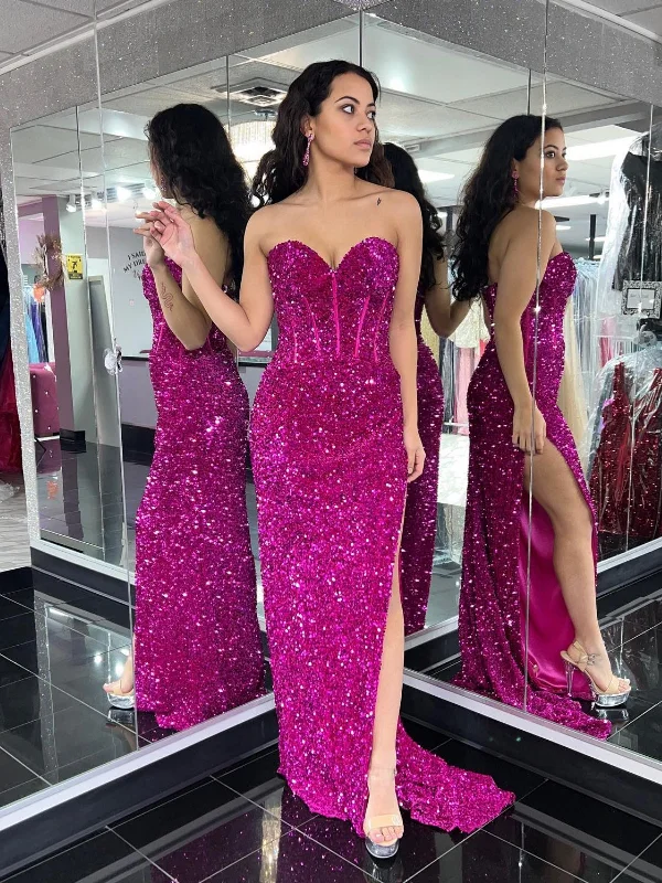 Daily Specials pleated dresspleated dressShiny Sequins Strapless Mermaid Fuchsia Long Prom Dresses with High Slit, Mermaid Fuchsia Formal Dresses, Fuchsia Evening Dresses SP2549