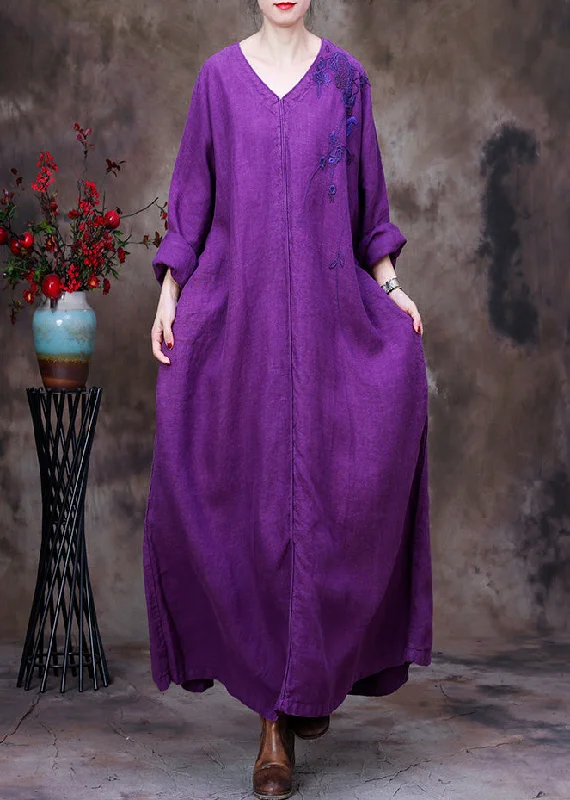 casual slip dressDark Purple V Neck printing Floral Linen Dress Long Sleeve