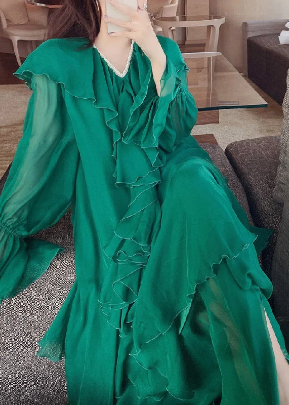 Midnight Madness comfy dresscomfy dressBohemian Green V Neck Print Nail bead Wrinkled Silk Maxi Dresses Lantern Sleeve