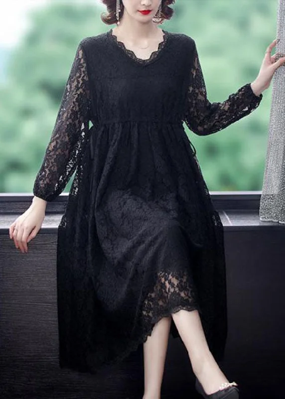 relaxed fit dressBeautiful Black V Neck Hollow Out Exra Large Hem Lace Maxi Dresses Spring