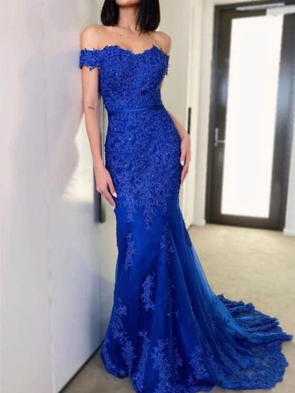 Unmissable Offer off-the-shoulder dressoff-the-shoulder dressOff Shoulder Mermaid Blue Lace Long Prom Dresses, Blue Lace Formal Dresses, Mermaid Blue Evening Dresses SP2253