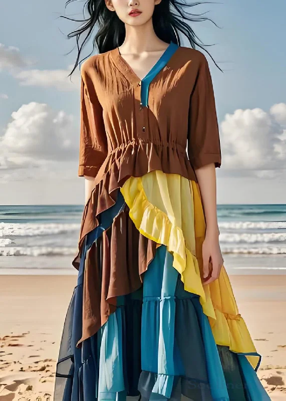 statement dressWomen Colorblock Ruffled Chiffon Patchwork Cotton Dress Summer