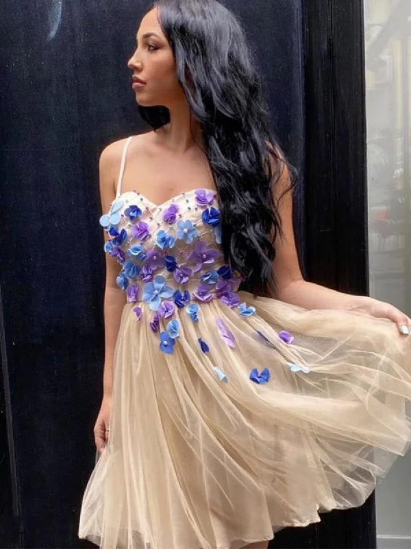 Super Deal layered dresslayered dressCute Sweetheart Neck Spaghetti Straps Floral Champagne Prom Dresses, Champagne Short Formal Graduation Homecoming Dresses with Appliques