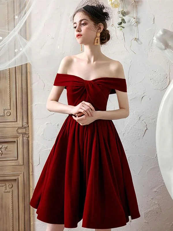 Huge Discounts office dressoffice dressOff the Shoulder Burgundy Short Prom Dresses, Off Shoulder Burgundy Homecoming Dresses, Burgundy Formal Graduation Evening Dresses