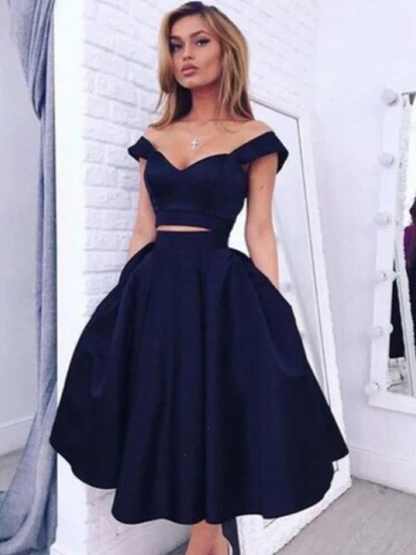 Lowest Price party dressparty dressOff Shoulder Two Pieces Puffy Navy Blue Prom Dresses, Navy Blue Homecoming Dresses