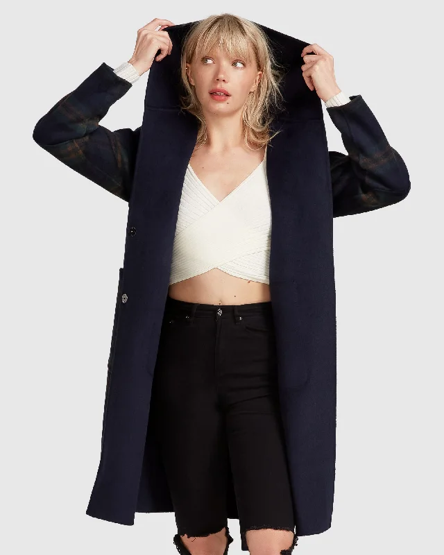 Holiday Sale zip-up jacketWalk This Way Wool Blend Oversized Coat - French Navy Plaid