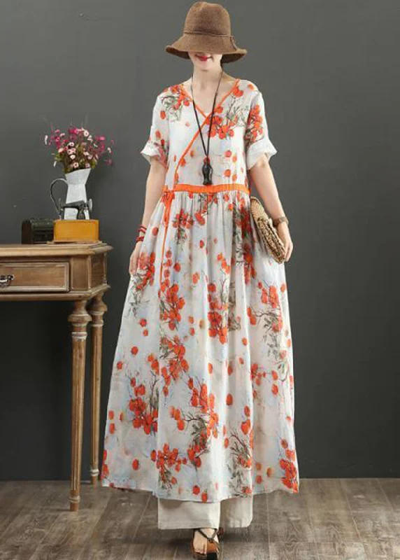 Price Reduction trendy bodycon dresstrendy bodycon dressWomen Orange Print Tie Waist Exra Large Hem Cotton Dresses Summer