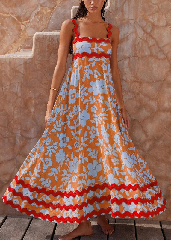 party-ready dressWomen Orange Print High Waist Cotton Spaghetti Strap Dress Sleeveless