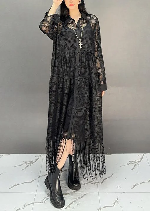 flowy dressItalian Black Peter Pan Collar Tassel Hollow Out Cotton Shirts Dress Fall