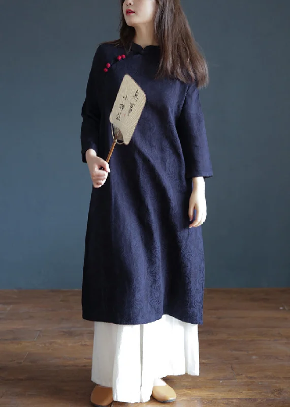 Lowest Prices lace-up dresslace-up dressJacquard Navy Blue Stand Collar Embroideried Floral Button Maxi Dresses Spring