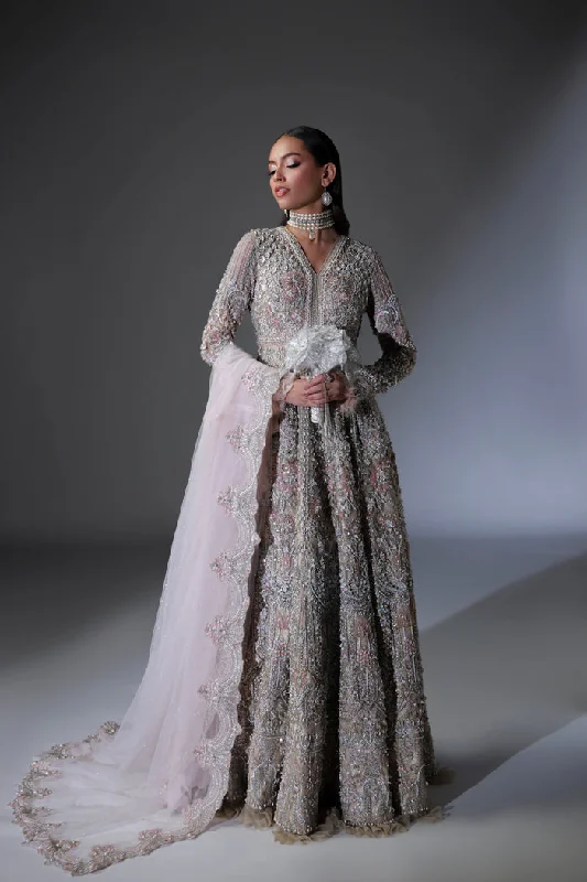 off-shoulder dressNet Pakistani Bridal Dress in Gown and Dupatta Style