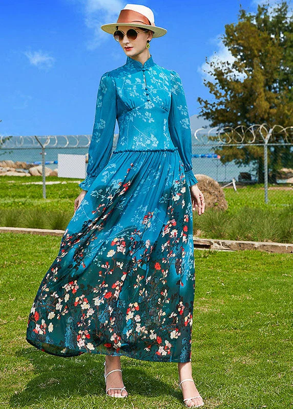 form-fitting dressFine Peacock Blue Mandarin Collar Ruffled Print Chiffon Cinch Dresses Spring