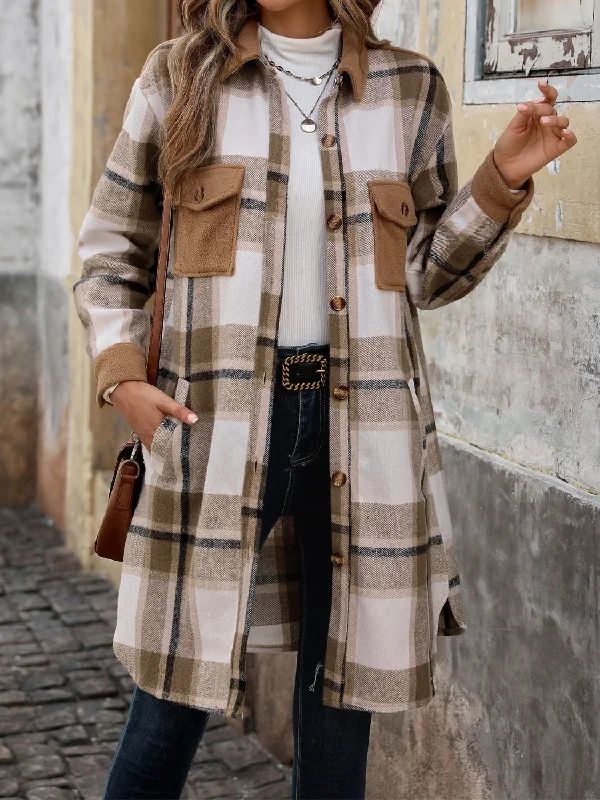 Shop and Save Plaid Button Up Long Sleeve Coat