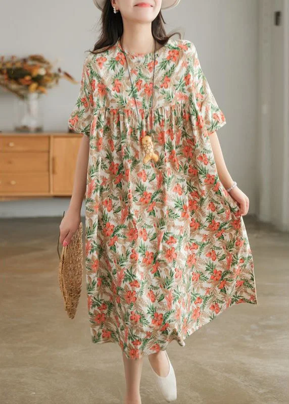 Amazing Deals evening dressevening dressBohemian Khaki Oversized Print Cotton A Line Dresses Short Sleeve
