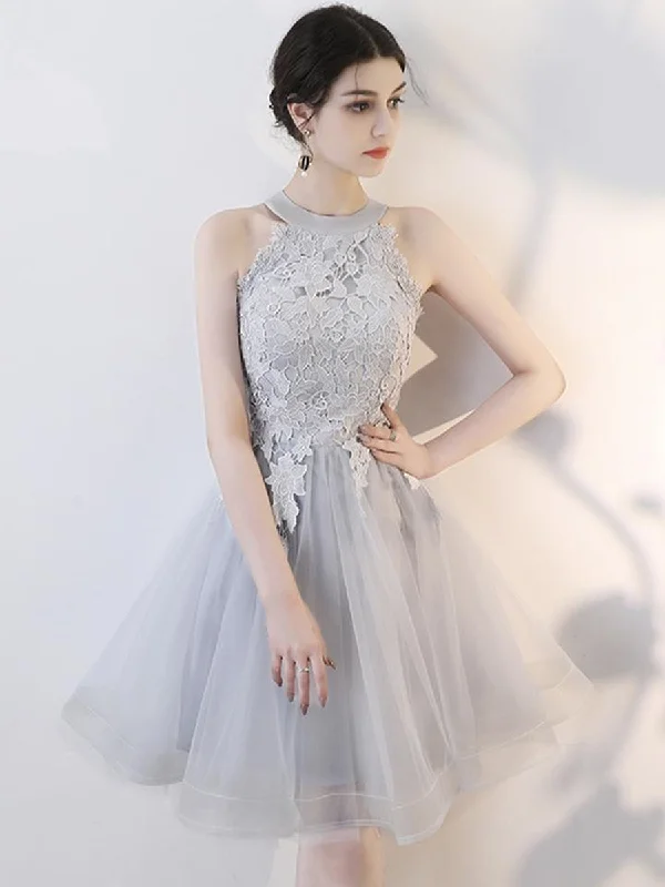 Weekend Deal ruched dressruched dressA Line Short Gray Lace Prom Dresses with Appliques, Gray Lace Formal Graduation Homecoming Dresses