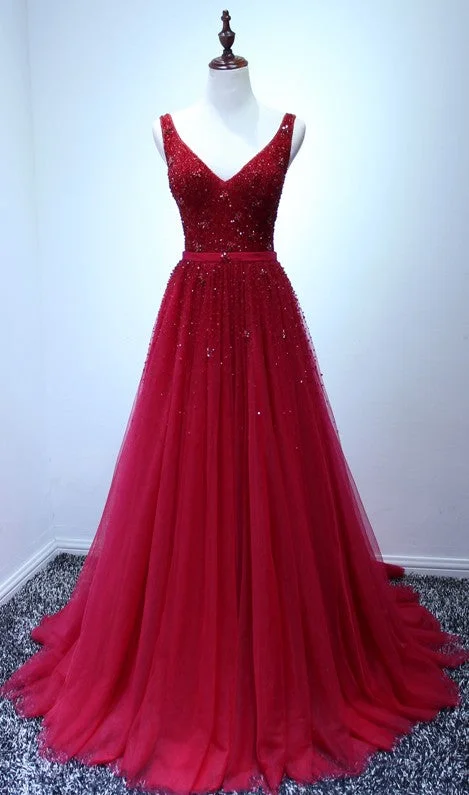 Deal Dash floral dressfloral dressA-line V-neckline Red Tulle V-back Formal Dresses