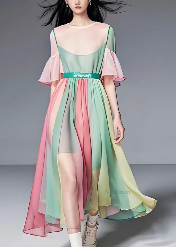 elegant dressFine Colorblock O Neck Wrinkled Patchwork Chiffon Long Dress Summer