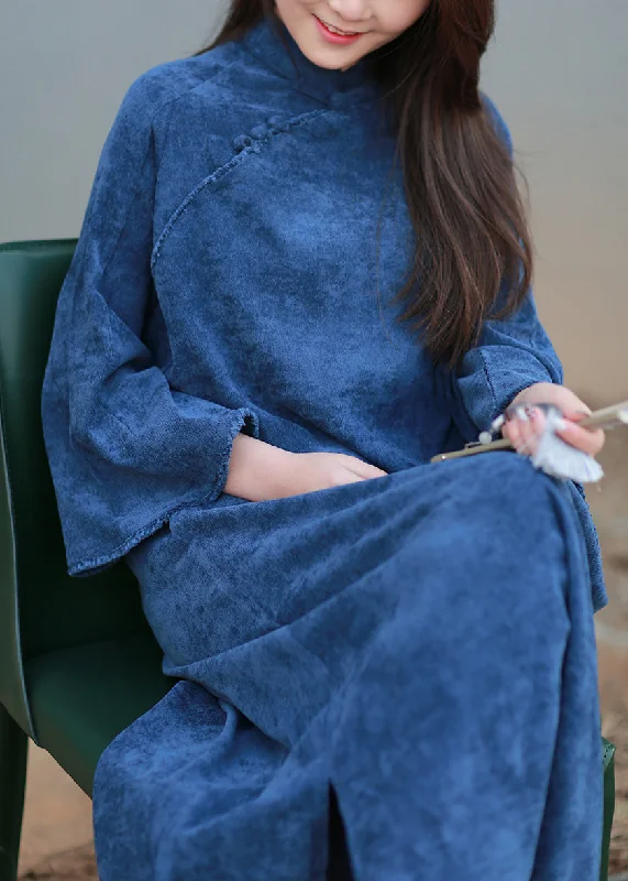 Buy More, Save More floral dressfloral dressUnique Blue Stand Collar Print Button Holiday Maxi Dress Spring