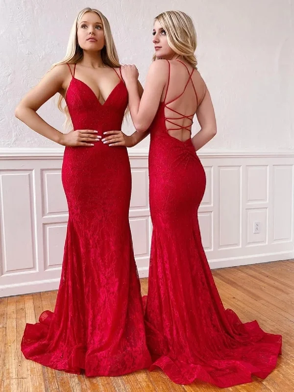 Super Deal pleated dresspleated dressV Neck Mermaid Red Lace Long Prom Dresses, Mermaid Lace Red Formal Dresses, Red Lace Evening Dresses