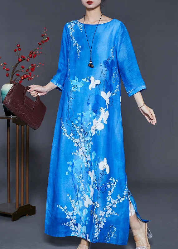 chic shift dressElegant Peacock Blue Print Side Open Linen Dress Bracelet Sleeve