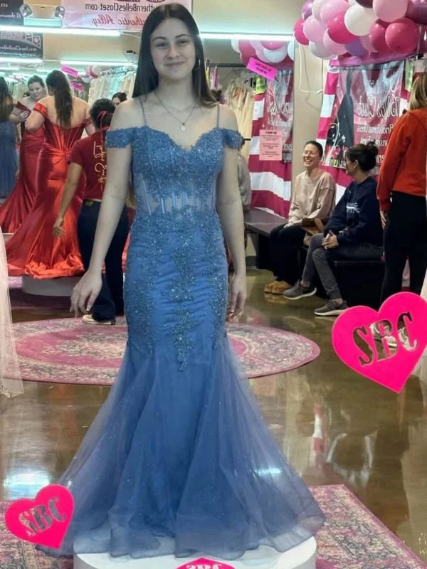 Value Deals flowy dressflowy dressElegant Off Shoulder Mermaid Blue Lace Long Prom Dresses, Mermaid Blue Formal Dresses, Blue Lace Evening Dresses SP3088
