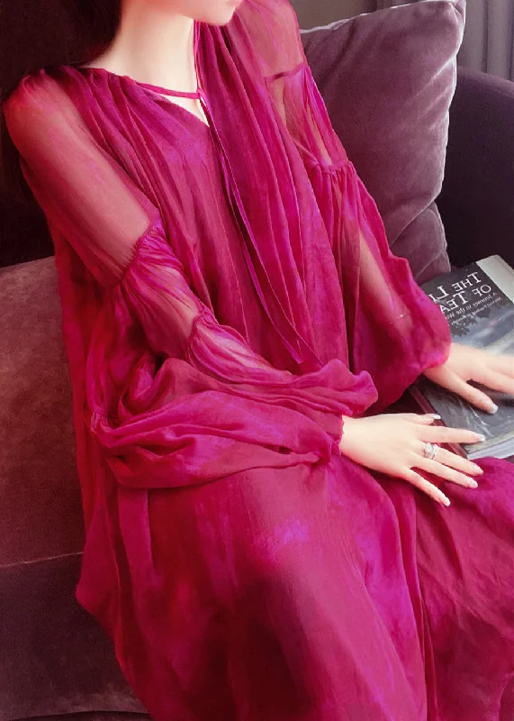 Super Bargain long-sleeve floral dresslong-sleeve floral dressVogue Red V Neck Silk Maxi Dress Lantern Sleeve