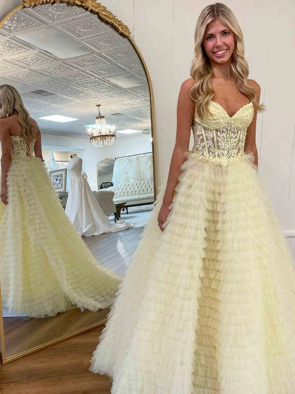 Fantastic Deals silk dresssilk dressStrapless Open Back Yellow Lace Long Prom Dresses, Yellow Lace Formal Evening Dresses, Yellow Ball Gown SP2843