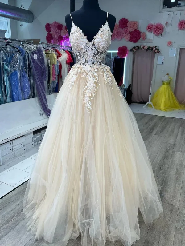 Savings Galore sleeveless dresssleeveless dressA Line V Neck Open Back Champagne Long Prom Dresses with Lace Appliques, Backless Champagne Formal Graduation Evening Dresses SP2819
