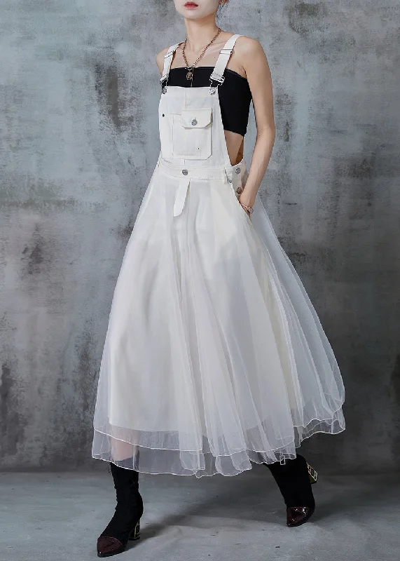 casual day dressFitted White Silm Fit Patchwork Organza Long Dress Fall